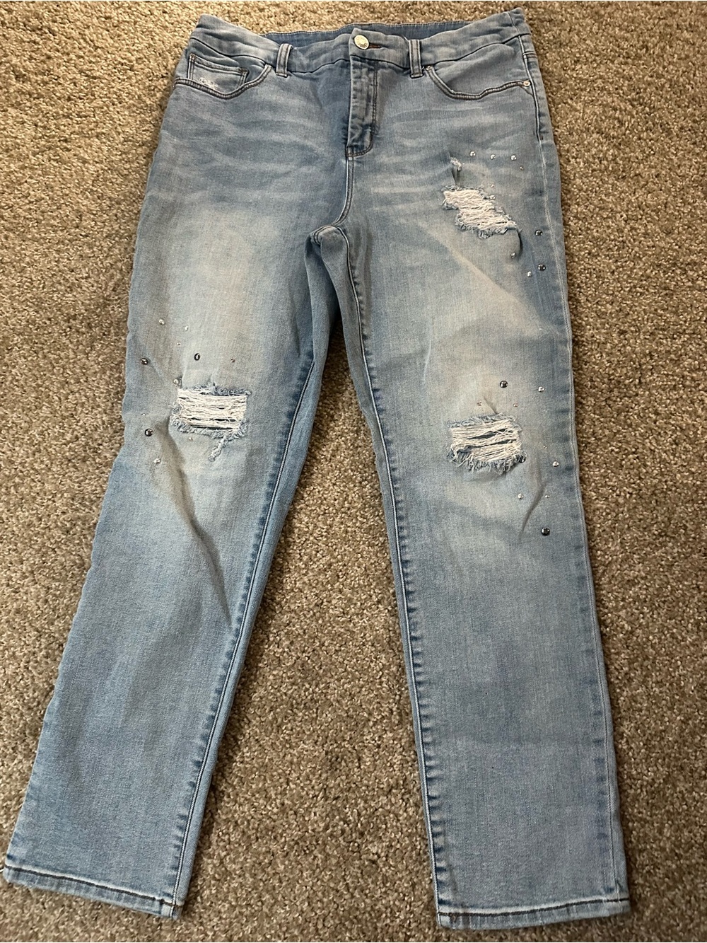 Chico's Light Wash Skinny Jeans with Distressed & Stud Details